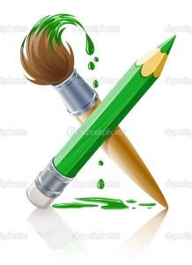 green pencil and brush with paint vector illustration isolated on white background